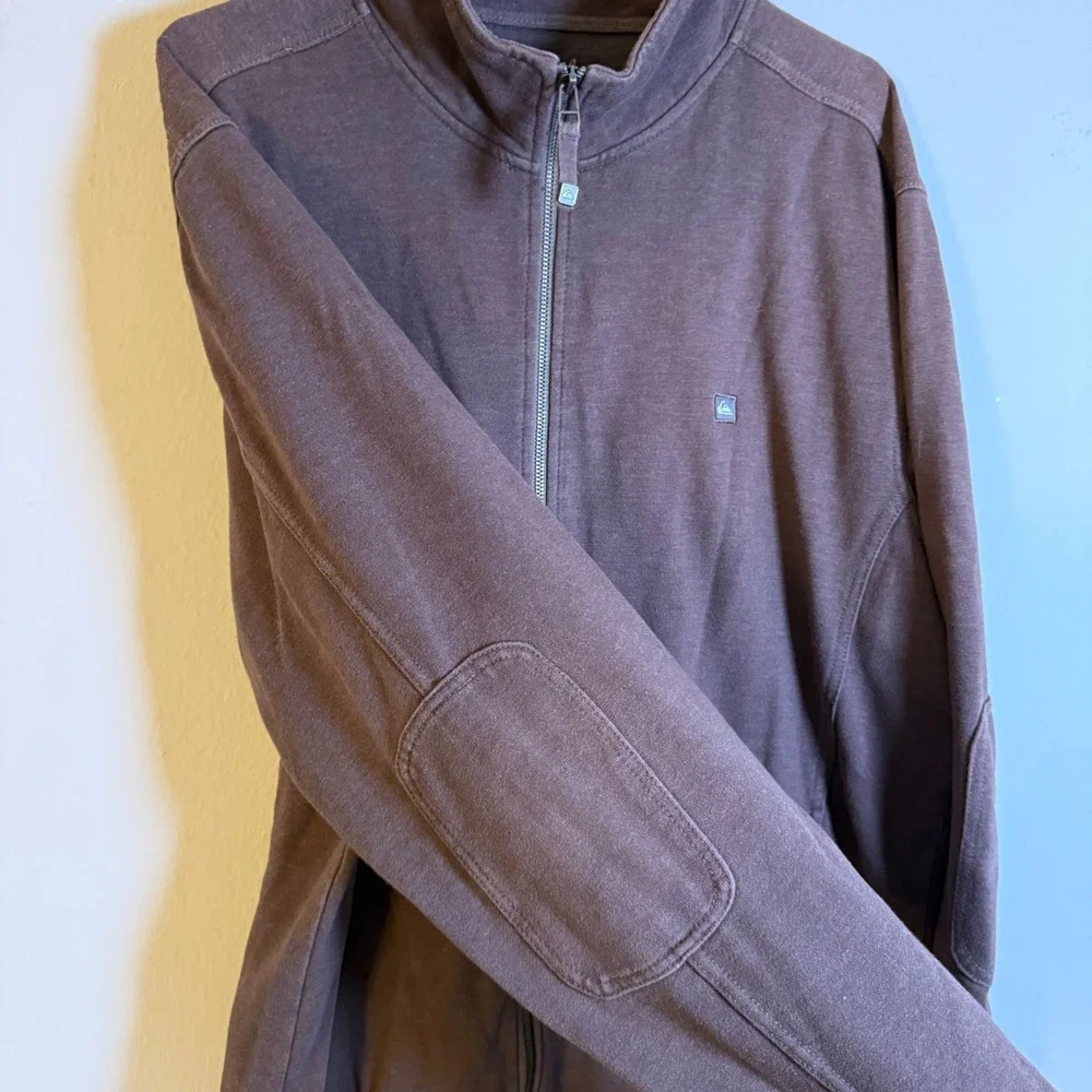 Quiksilver Mens XL Brown Full Zip Track Jacket Mock Neck Elbow Pads Cotton Blend